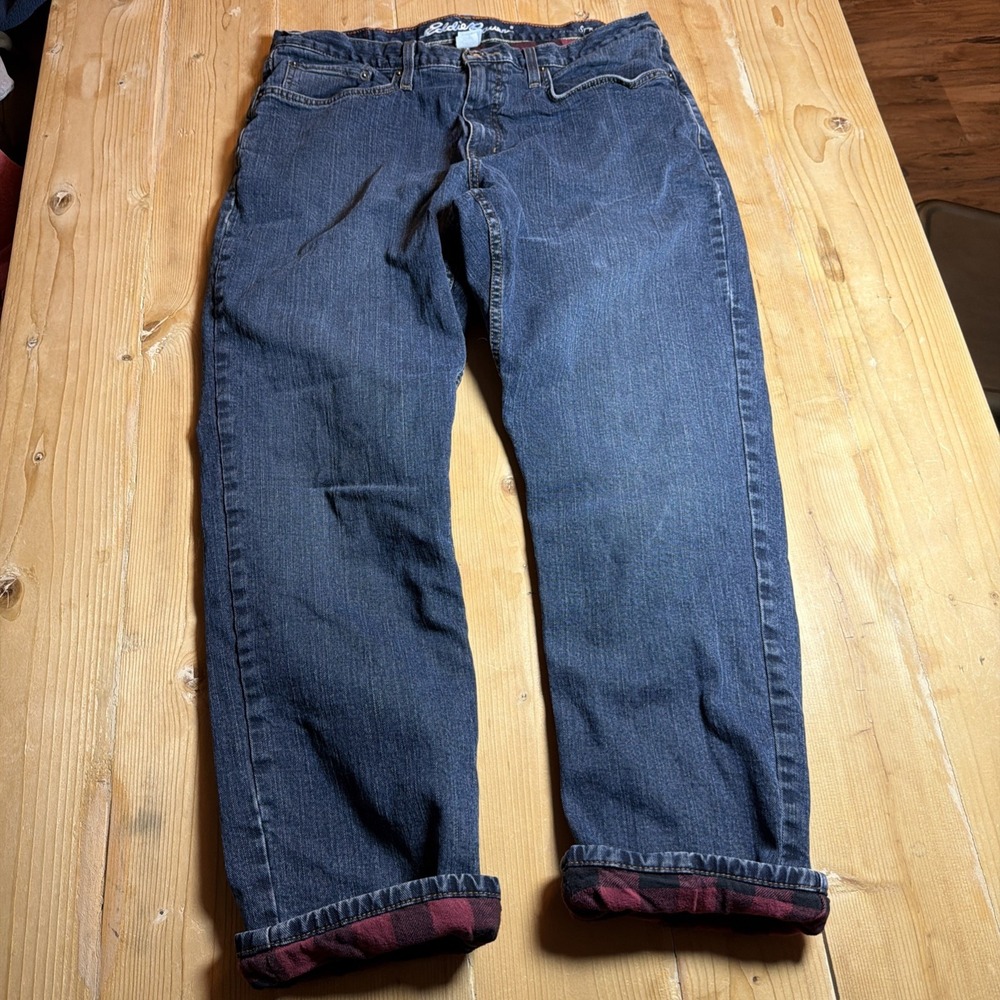 Eddie Bauer Straight Fit Jeans 35x30 (34x28) Blue Med Wash Flannel Lined Denim